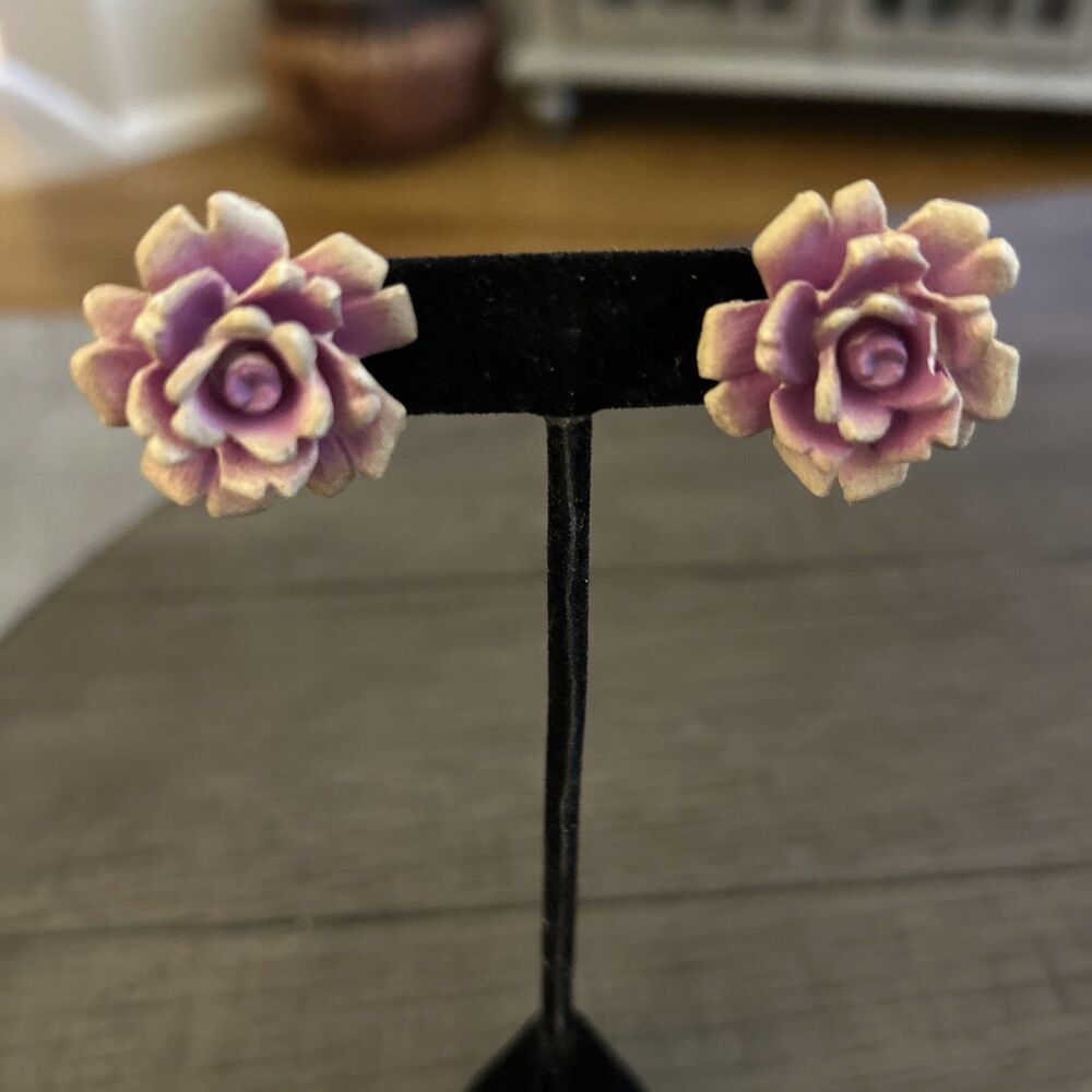 Vintage Rose Color Porcelain Flower Post Earrings